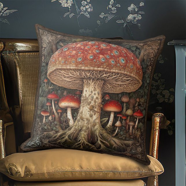 Rustic Red Spotted Mushroom Botanical Festival Throw Pillow (Creator Uploaded)