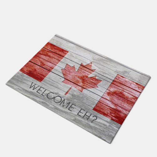 Rustic Red Stain Canada Flag Maple Leaf Grey Wood Doormat