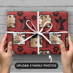 Rustic Red Stamped Angel 3 Family Photo Wrapping Paper