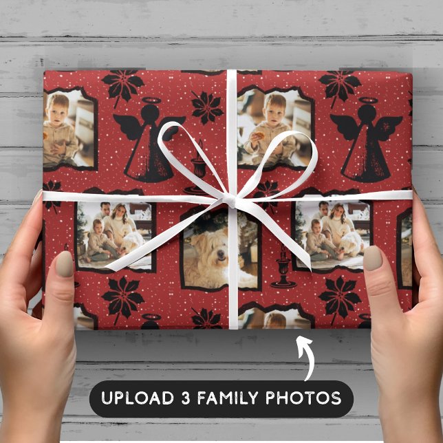 Rustic Red Stamped Angel 3 Family Photo Wrapping Paper (Creator Uploaded)