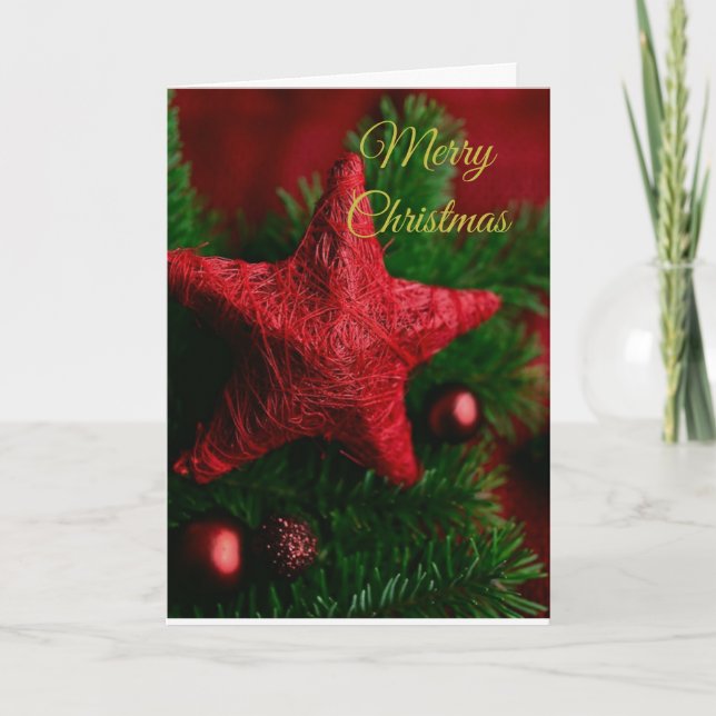 Rustic Red Star on Pine Christmas Greeting Card  (Front)