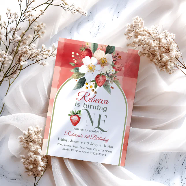 Rustic Red Strawberry Berry First 1st Birthday Invitation | Zazzle