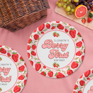 Rustic Red Strawberry Pattern Girl Berry First Paper Plates