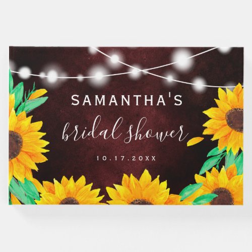 Rustic red string lights sunflowers bridal shower guest book