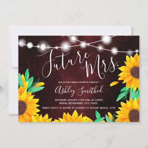 Rustic red string lights sunflowers bridal shower invitation