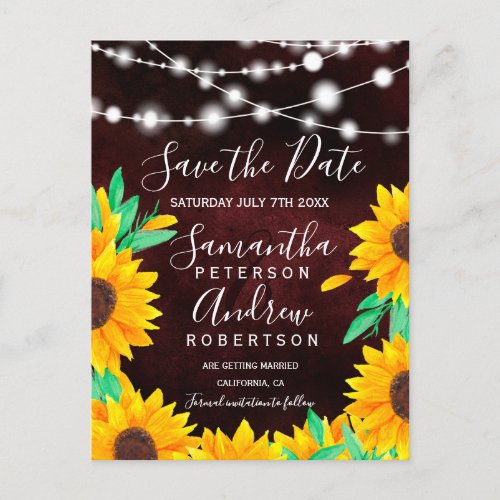 Rustic red string lights sunflowers save the date announcement postcard