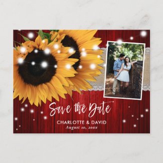 Rustic Red Sunflower Save The Date Photo Postcards