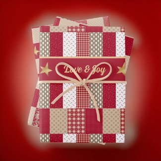 Rustic Red Tan Gold Patchwork Quilt Love Joy Stars