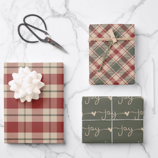 Rustic Red, Tan & Green Christmas Wrapping Paper (Front)