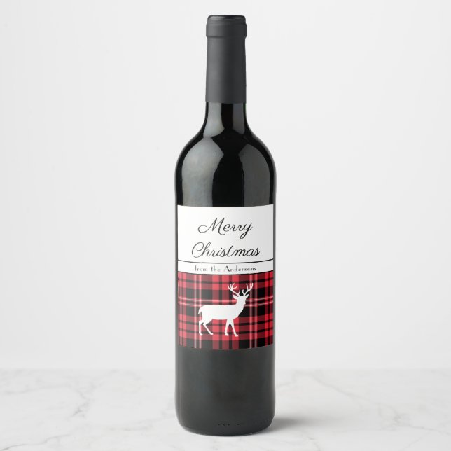 Rustic Red Tartan Plaid Deer Christmas Wine Label (Front)