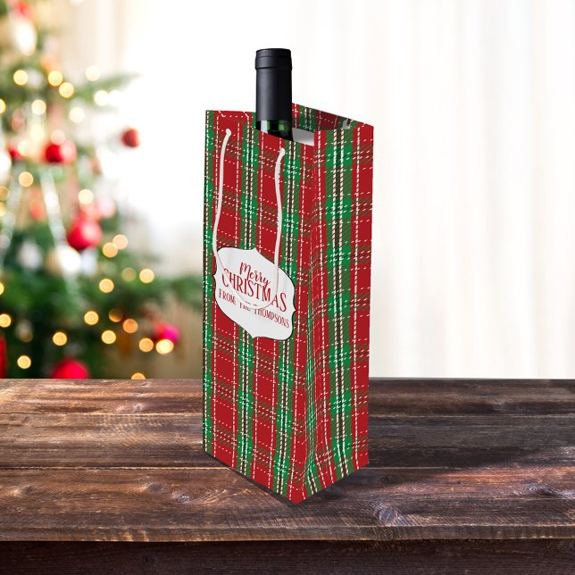 Rustic Red Tartan Plaid Winter Pattern Monogram Wine Gift Bag (Merry Christmas holiday red and green gift bag.)