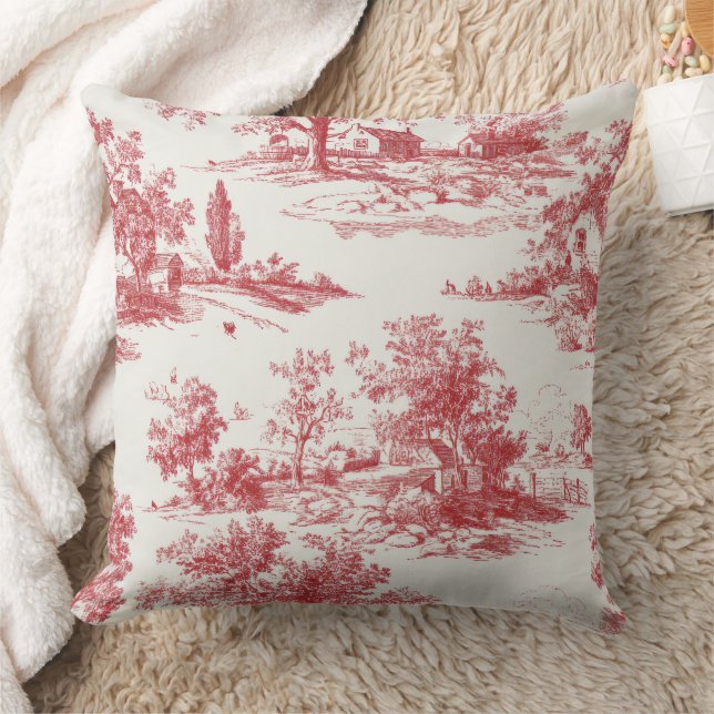 Rustic Red Toile Country Landscape Pattern Throw Pillow (Blanket)