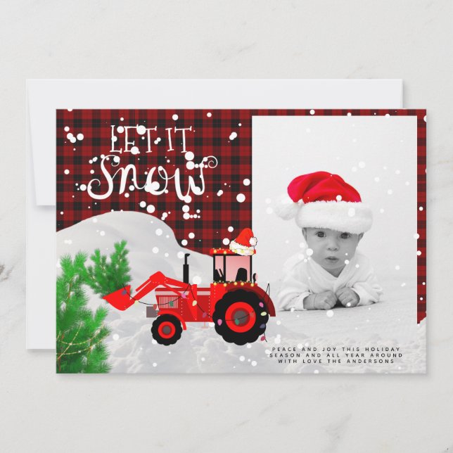Rustic Red Tractor PHOTO Christmas Buffalo Plaid Card (Front)