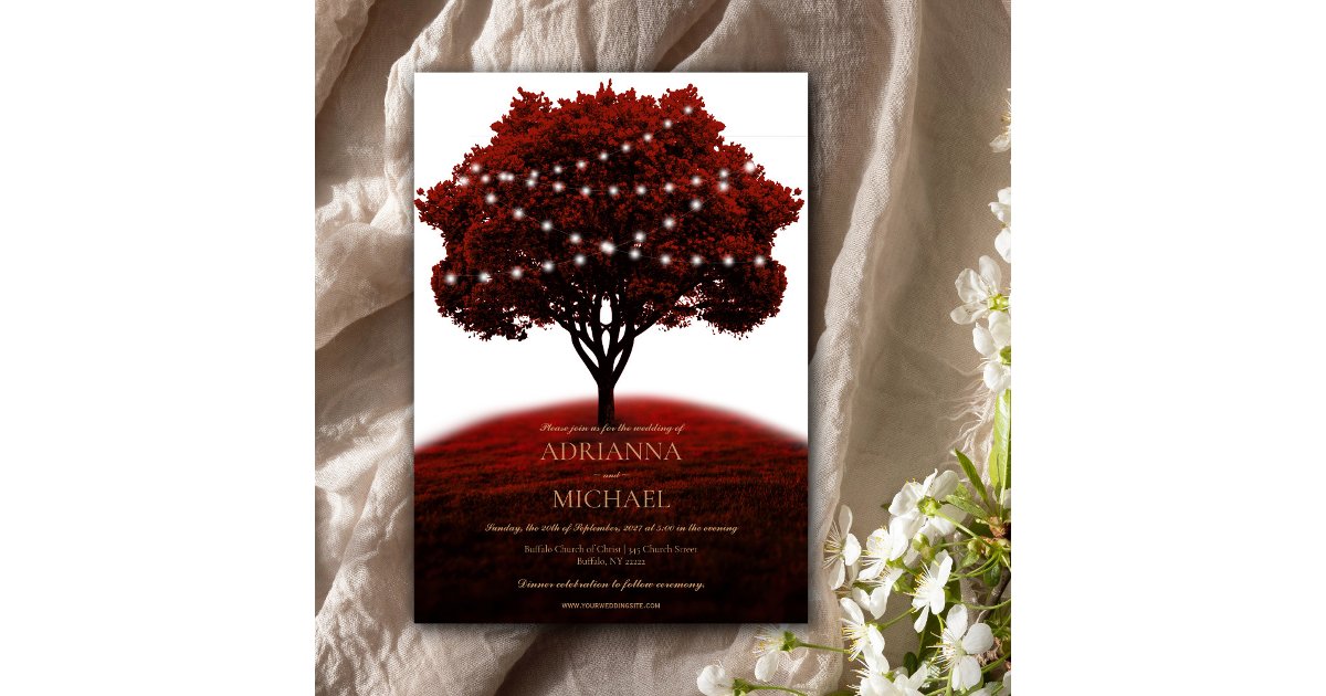 Rustic Red Tree String Lights Wedding Invitation | Zazzle