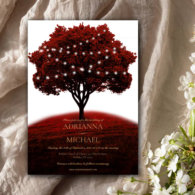 Rustic Red Tree String Lights Wedding Invitation | Zazzle