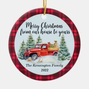 Rustic Red Truck - Buffalo Plaid - Friends Family Ceramic Ornament