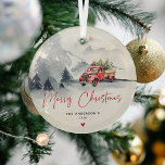 Rustic Red Truck Christmas Personalized Glass Ornament<br><div class="desc">Rustic watercolor red truck Merry Christmas glass ornament. Personalize by adding your family name/s and year.</div>