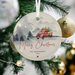 Rustic Red Truck Christmas Personalized Glass Ornament