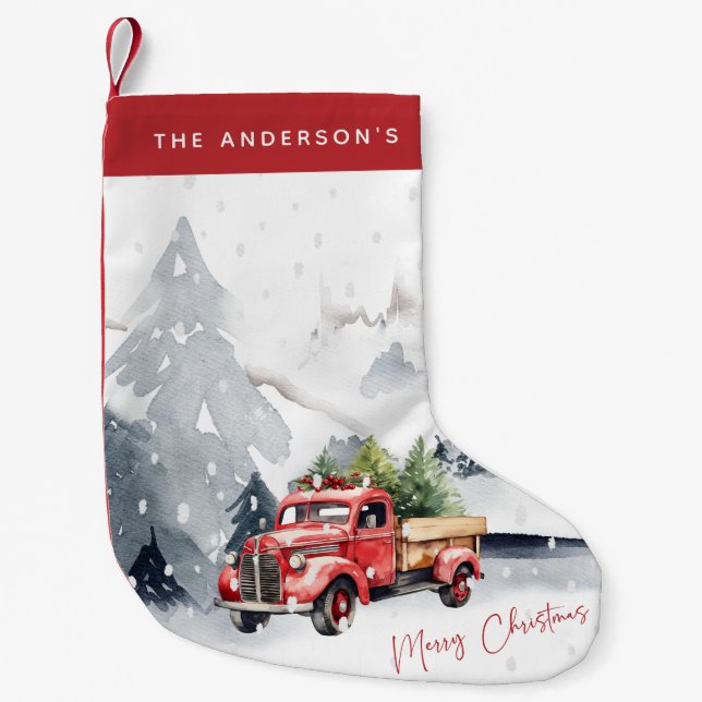 Rustic Red Truck Christmas Personalized Small Christmas Stocking (Front)