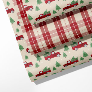 Rustic Red Truck & Christmas Plaid Wrapping Paper Sheets
