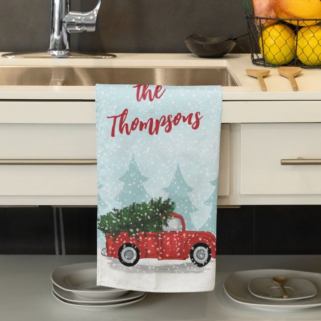Rustic Red Truck Christmas Tree Custom Family Kitchen Towel (Rustic red truck Christmas kitchen towel with snowy trees and personalized family name for festive)