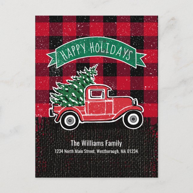 Rustic Red Truck Christmas Tree Holiday Moving Announcement Postcard (Front)