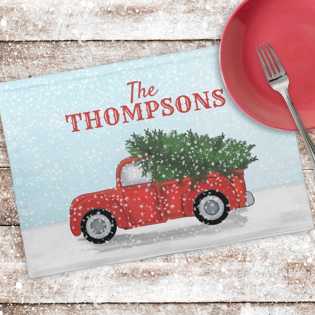 Rustic Red Truck Christmas Tree Personalized Cloth Placemat (Rustic Red Truck Personalized Christmas Placemat.)