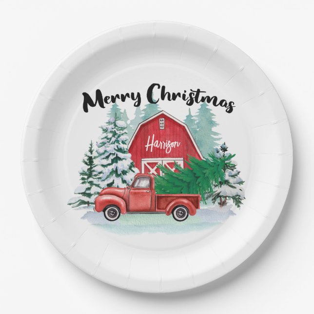 Rustic Red Truck Christmas Tree Personalized White Paper Plates (Front)