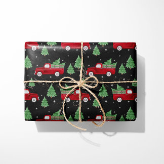 Rustic Red Truck Christmas Wrapping Paper on Black