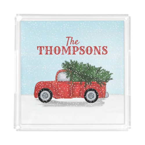 Rustic Red Truck Cute Christmas Tree Watercolor Acrylic Tray