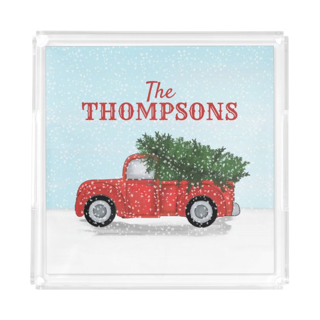 Rustic Red Truck Cute Christmas Tree Watercolor Acrylic Tray (Front)