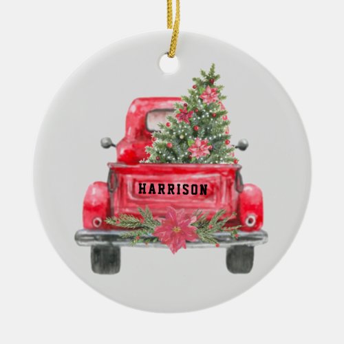 Rustic Red Truck Family Name Christmas Pine Tree Ceramic Ornament