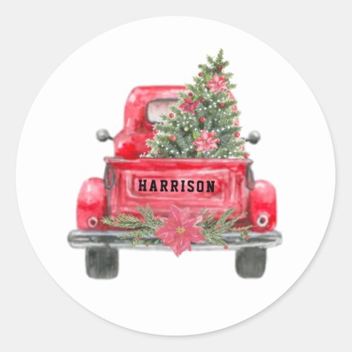 Rustic Red Truck Family Name Christmas Pine Tree Classic Round Sticker