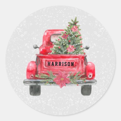 Rustic Red Truck Family Name Christmas Pine Tree Classic Round Sticker