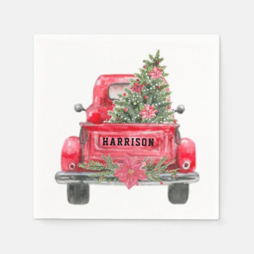 Rustic Red Truck Family Name Christmas Pine Tree Napkins
