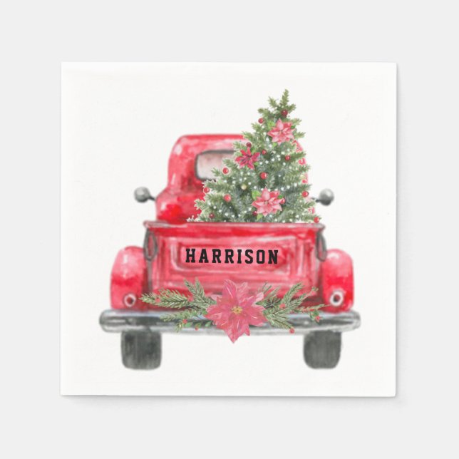 Rustic Red Truck Family Name Christmas Pine Tree Napkins (Front)