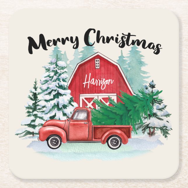  Rustic Red Truck Farmhouse Christmas Personalized Square Paper Coaster (Front)