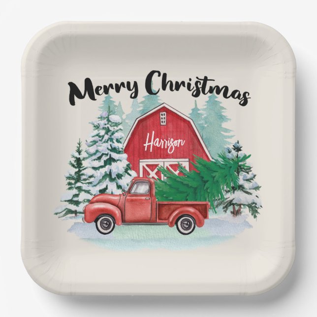 Rustic Red Truck Farmhouse Christmas Square Paper Plates (Front)