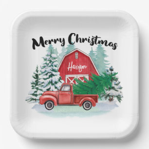 Rustic Red Truck Farmhouse Christmas Square White Paper Plates