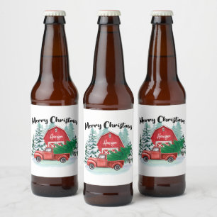 Rustic Red Truck Farmhouse Christmas White Beer Bottle Label