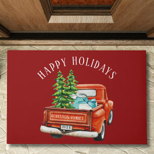 Rustic Red Truck Happy Holidays Christmas Tree Doormat