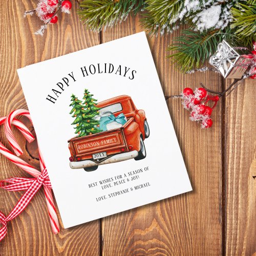 Rustic Red Truck Happy Holidays Christmas Tree Holiday Card