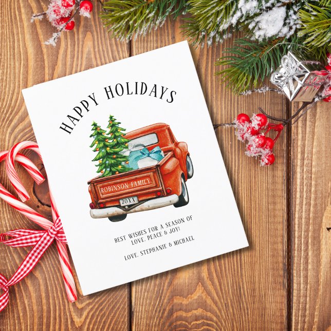 Rustic Red Truck Happy Holidays Christmas Tree Holiday Card (Creator Uploaded)