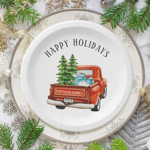 Rustic Red Truck Happy Holidays Christmas Tree Paper Plates
