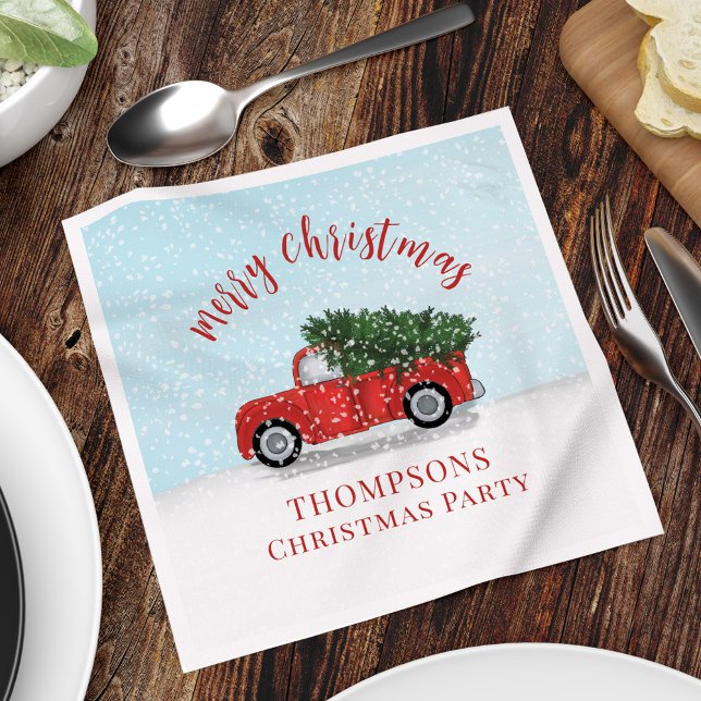 Rustic Red Truck Merry Christmas Cocktail Napkins (Merry Christmas Vintage red Truck Holiday Custom Napkins.)
