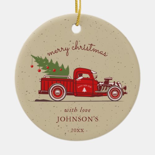 Rustic Red Truck Tree Name Photo Ceramic Ornament