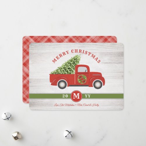 Rustic Red Truck  Tree Red White Plaid Christmas Holiday Card