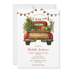 Rustic Red Truck Winter Pine Tree Christmas Party Invitation