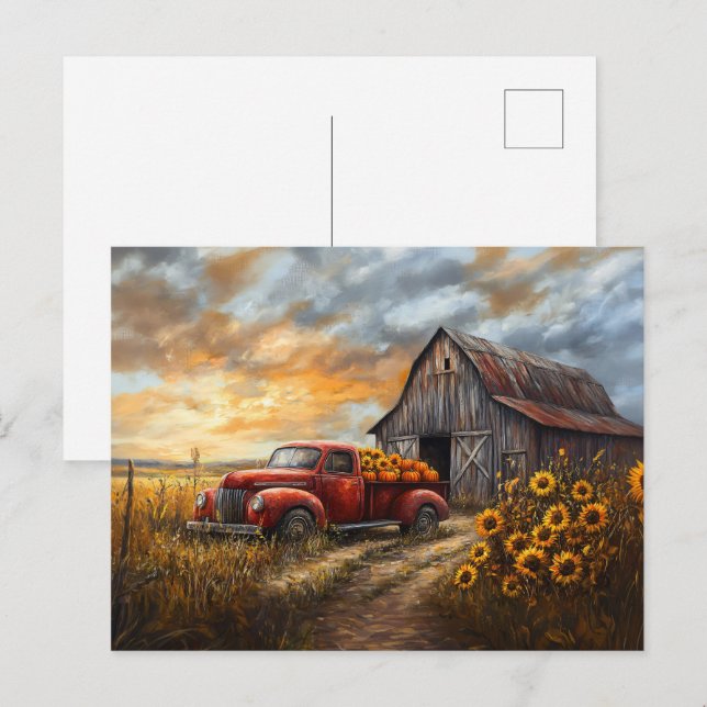 Rustic Red Truck with Pumpkins and Sunflowers Postcard (Front/Back)