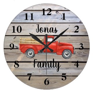 Rustic Red Truck Wood Family Name Large Clock